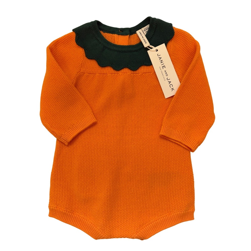 New Janie and Jack Orange Pumpkin Knit Romper Green Collar 0-3 Months Halloween